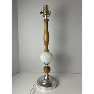 Vintage Mid Century Modern White Milk Glass Hobnail & Wooden Table Lamp